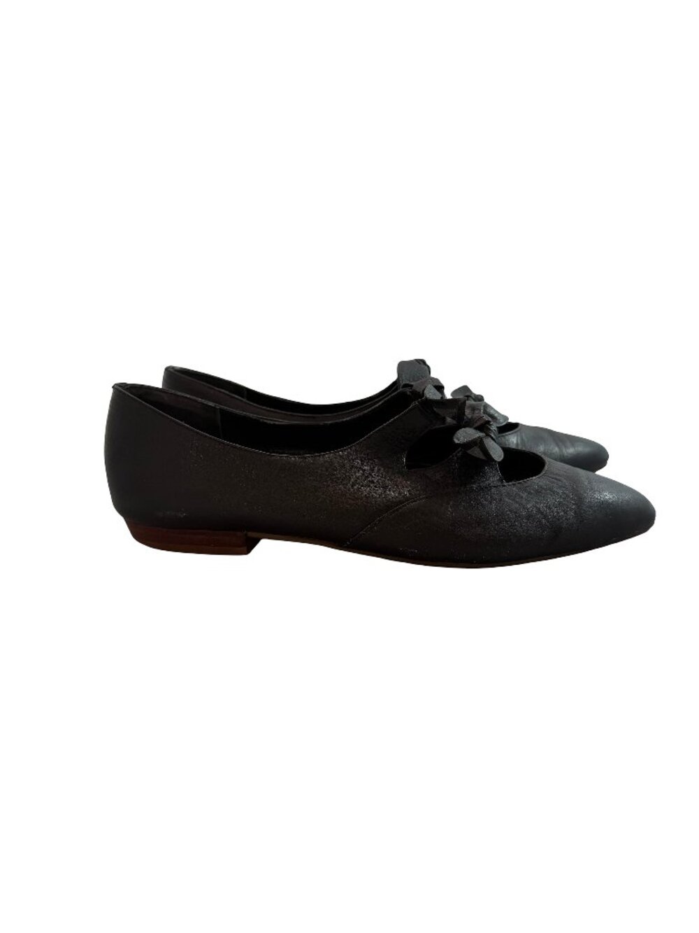Video Black Pointed Toe Bow Mary Jane Leather Ballet Flats Cutout Size 7 Women's